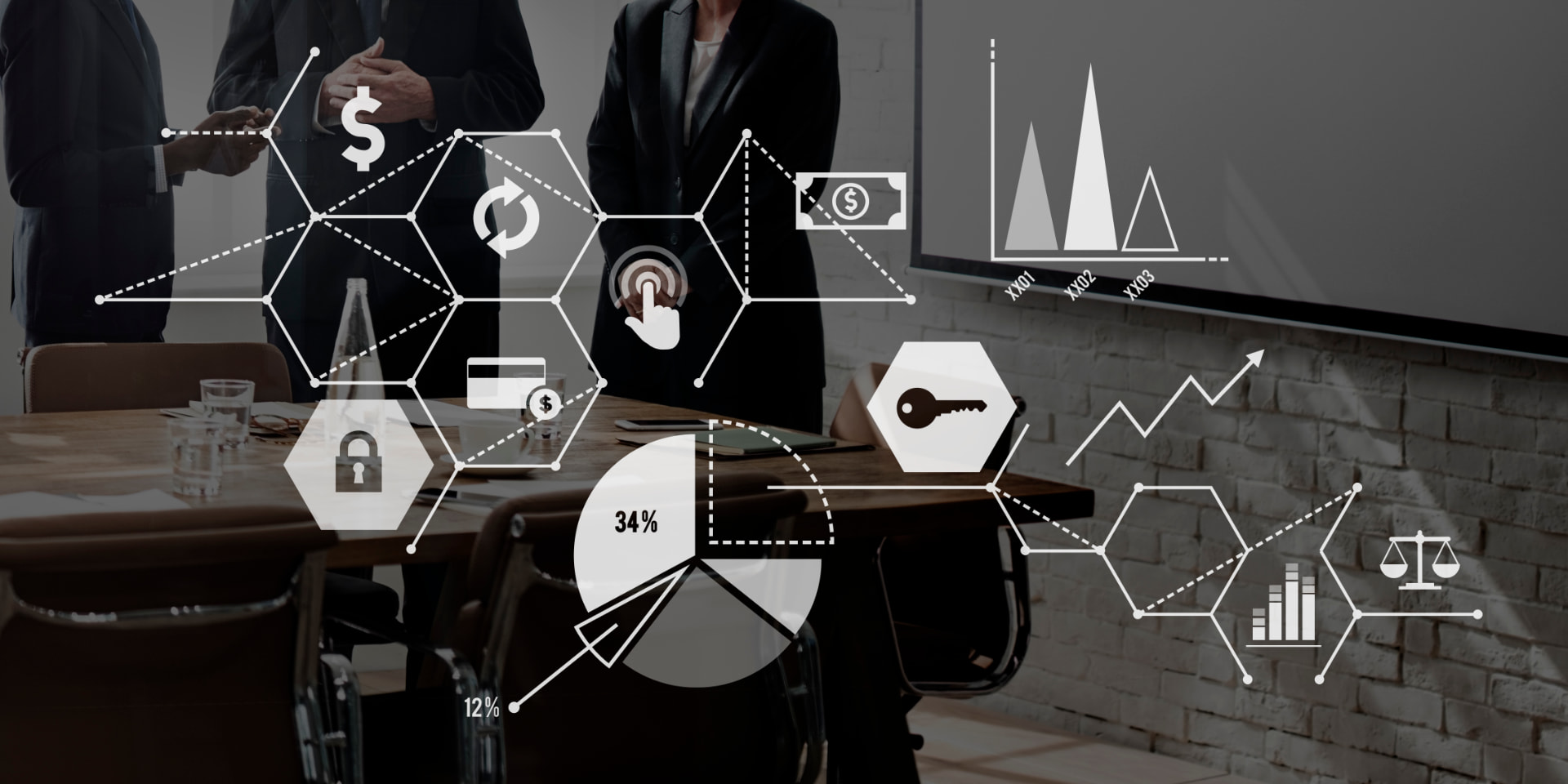 A meeting room with business people beside an overlay of charts and connected data icons
