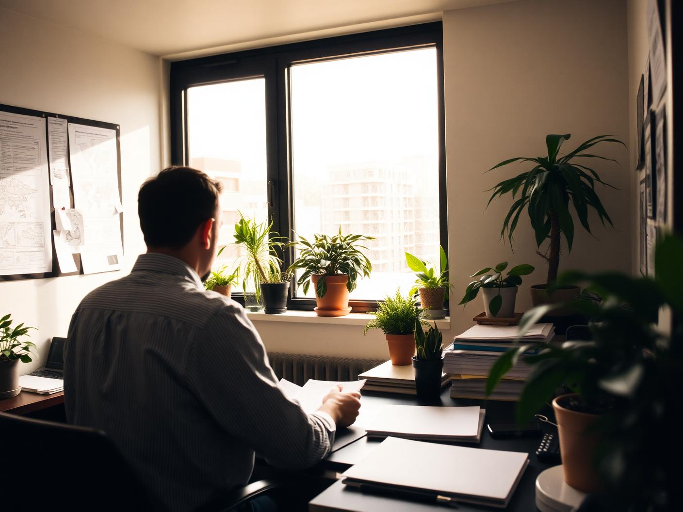 A person concentrating on paperwork at a desk inside a working small-business office