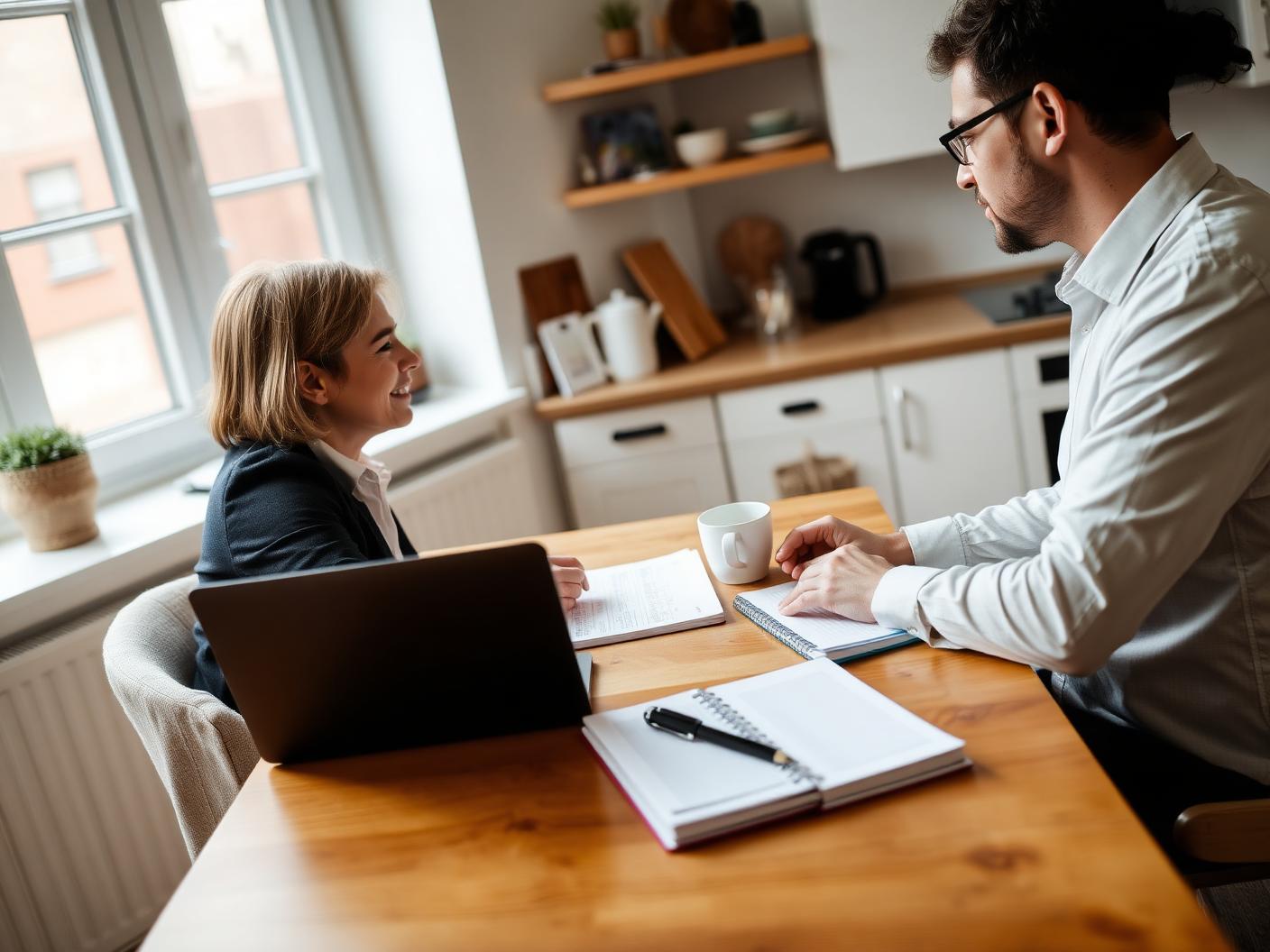 Two people in a collaborative working session over notebooks at a table