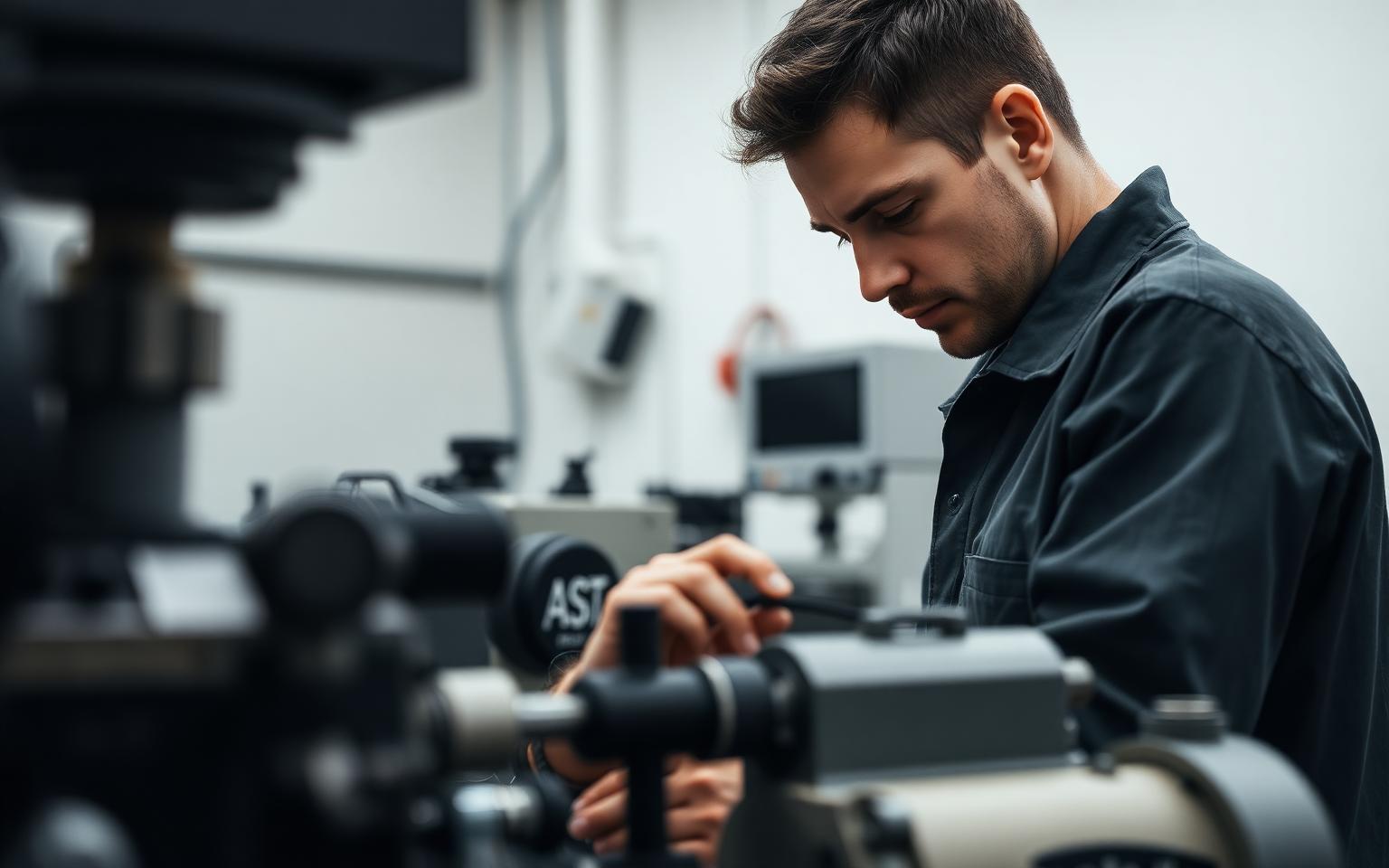 A specialized technician focused on precise technical work in a workshop environment