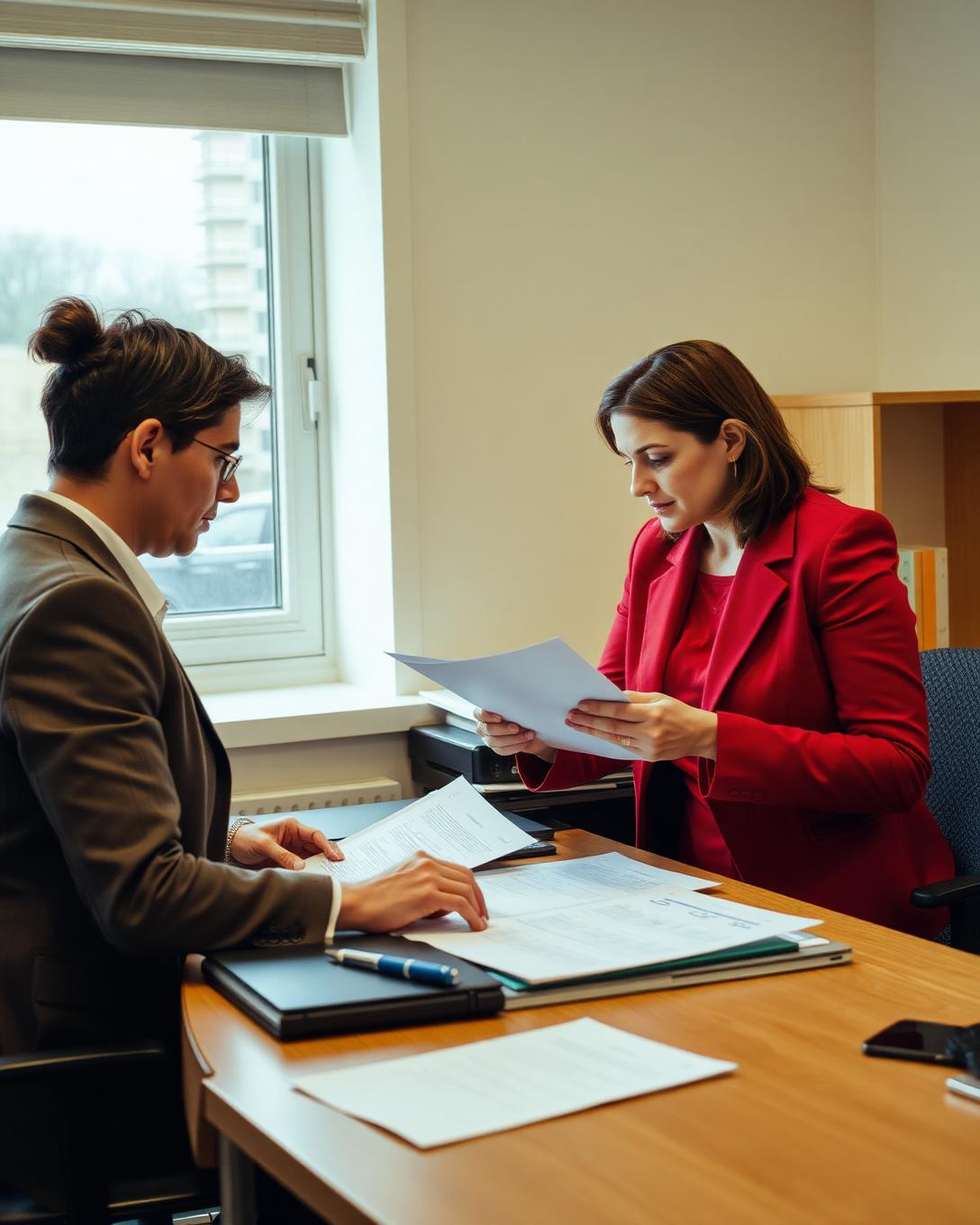 Two people reviewing paperwork together during a working session